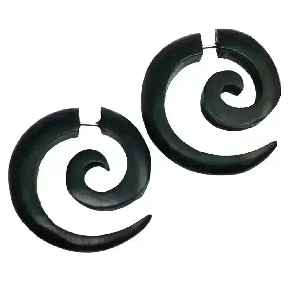 Organic wooden spiral hoop earrings fake gauges by umbrellalaboratory